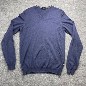 Hugo Boss Mens Blue Extrafine Merino Wool Slim Fit V-Neck Sweater Size L
